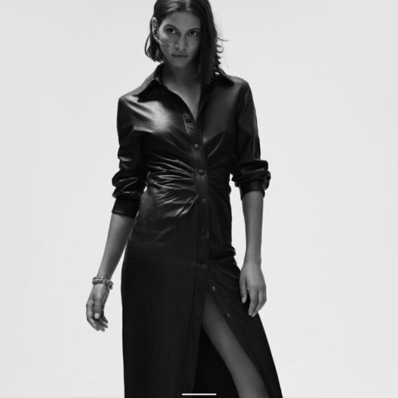 NWOT Zara black faux leather gathered waist button-up collared shirt dress, S - Picture 5 of 12